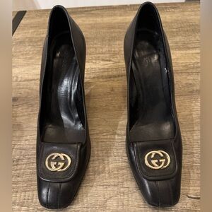 Gucci Black Leather Heels with Gold Logo